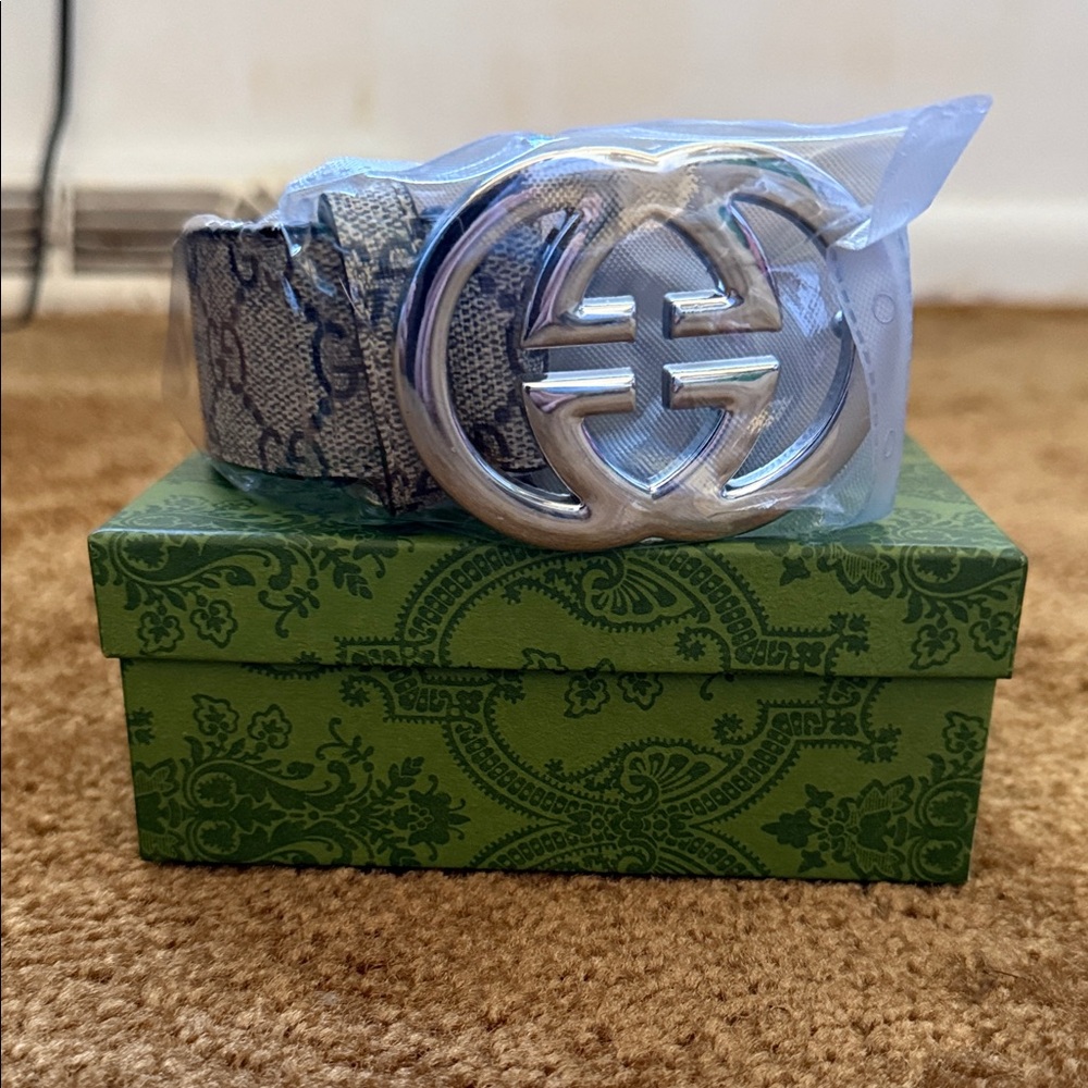 Gucci Silver Buckle Belt with Patterned Strap